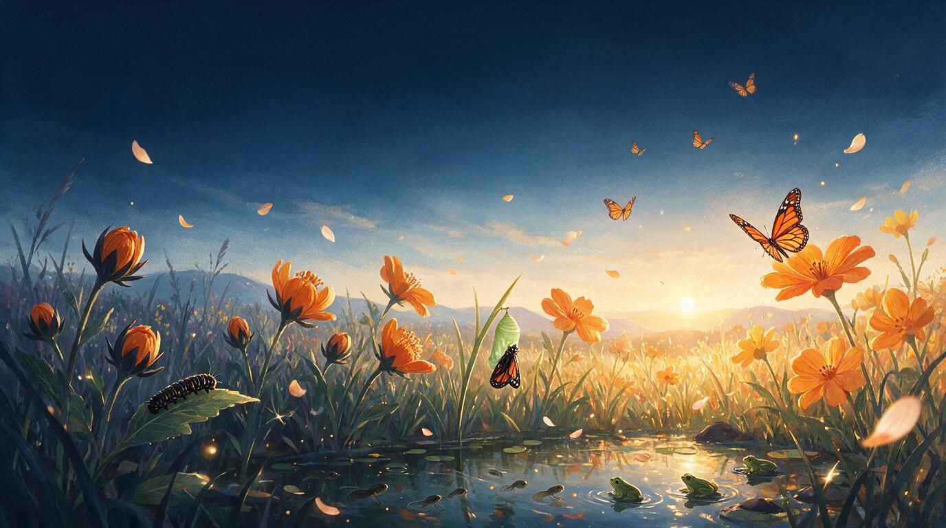 A meadow at sunrise where buds open into flowers, a caterpillar becomes a butterfly, and tadpoles become frogs, representing transformation